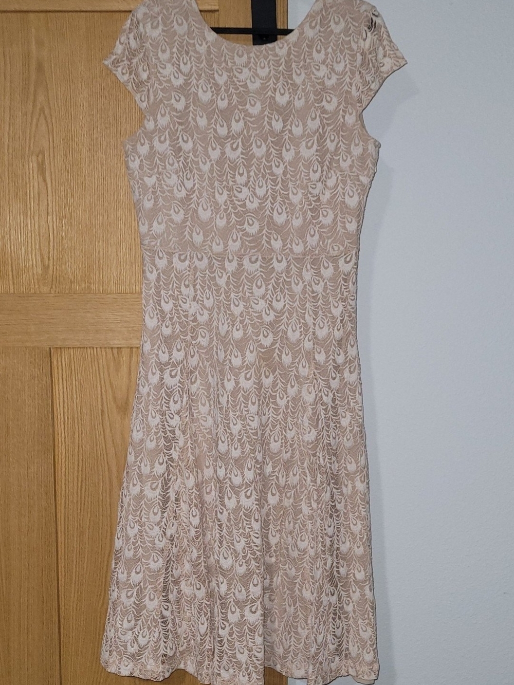 Beige Lace Fit-and-Flare Midi Dress